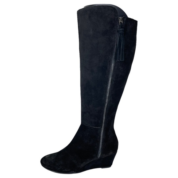 Anne Klein Womens Knee High Wedge Boots 5.5M Alanna Black Suede Wide Calf - Picture 2 of 10